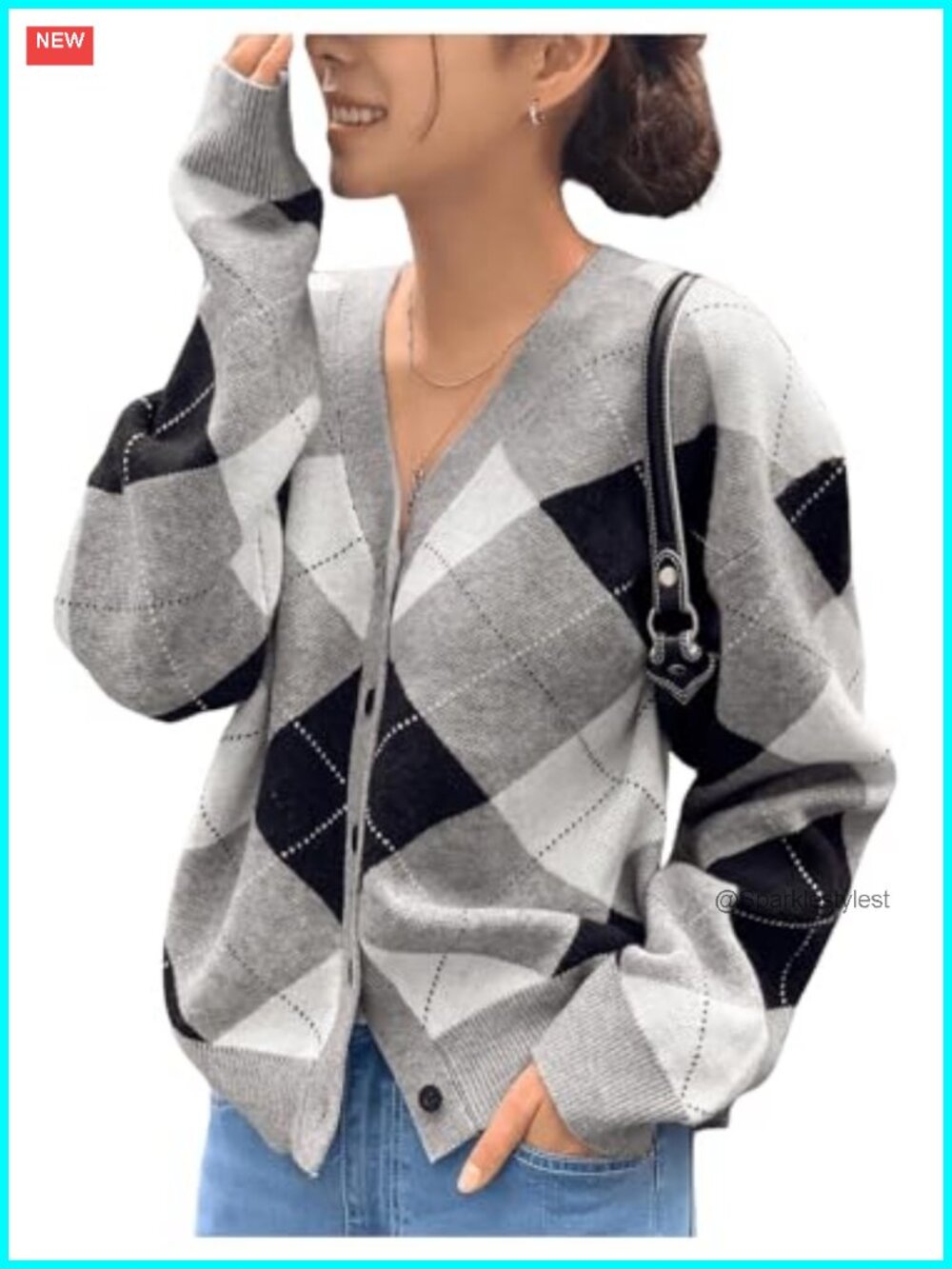 Argyle Plaid V Neck Long Sleeve Button Front Cardigan Sweater